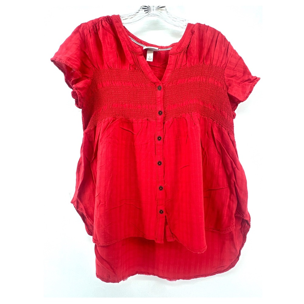Knox Rose Red Smocked‎ Button Front High Low Blouse Womens Large Boho Top